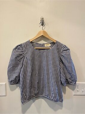 Nation LTD Womens gingham puff sleeve blouse large cottagecore 100% Pima cotton